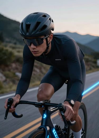 Dynamic medium shot of a cyclist in a matte charcoal aerodynamic helmet, neon blue light trails cutting through the frame, North American / US mountain road at dusk, sleek high-tech sports photography.
