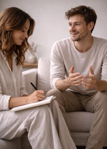 Professional therapist taking notes while a smiling male patient talks during a therapy session.