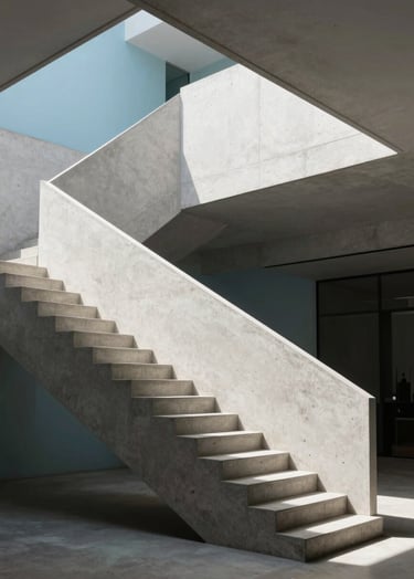 An artistic shot of a modern staircase in a minimalist building, featuring sharp lines and shadows on light gray concrete, with a glimpse of a baby blue wall in the background, South American / Brazilian architecture style.