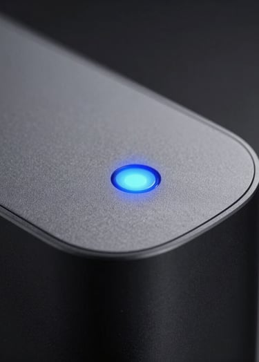 A close-up, high-end studio photograph of a modern tech device with a sleek charcoal finish, featuring a single glowing baby blue light indicator. The lighting is dramatic and moody, with soft shadows. South American / Brazilian creative studio setting.