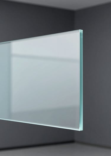 Macro photography of an industrial glass partition with a faint baby blue tint. Reflections of a minimalist dark grey room are visible. Professional, sharp focus, capturing the elegance of modern materials.