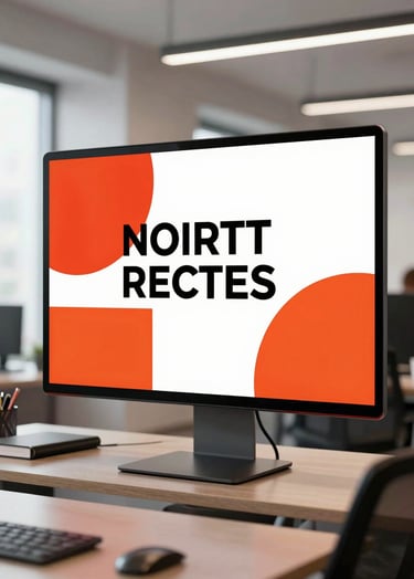 A professional North American office setting where a large digital display shows a bold, modern advertising campaign mockup with reddish orange accents. The atmosphere is bright, clean, and results-driven.