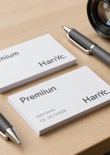 Detailed photography of premium brand stationery and sleek business cards arranged on a minimalist tan wooden surface in a North American professional studio, showing off crisp charcoal typography.