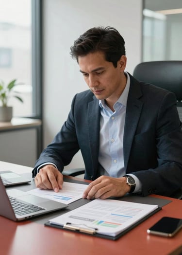 A professional North American public relations strategist in a modern office, reviewing a campaign strategy on a charcoal desk with reddish orange accents. The lighting is bright and inspiring, reflecting a high-energy work environment.