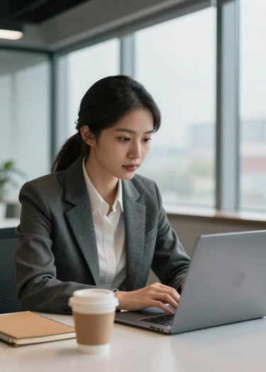 A professional North American male or female in business casual attire sitting at a clean desk in a modern office with large windows. They are focused on a laptop, with a cup of coffee and a tan notebook nearby. The lighting is soft and natural.