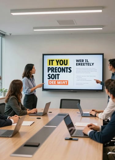 A wide shot of a bright, modern North American conference room. A creative team is reviewing a presentation on a large screen featuring bold advertising headlines. The lighting is bright and energetic, reflecting a results-driven professional environment.