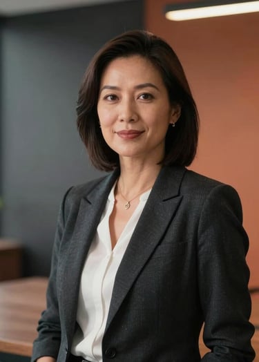 A professional portrait of a confident PR expert in a stylish North American office, wearing professional attire, with a background of charcoal walls and warm reddish orange light.