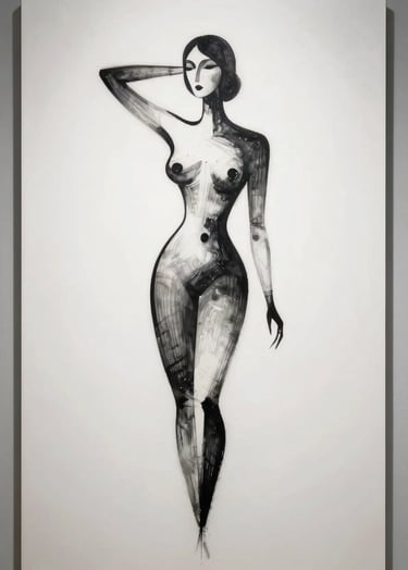 A vertical artwork depicting a stylized abstract female figure in a minimalist pose, rendered in black ink against a stark white background.