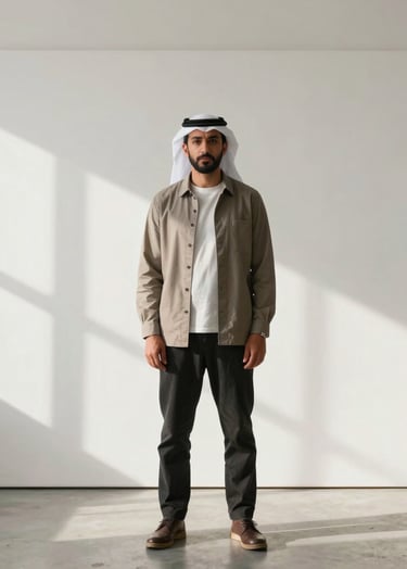 A high-end portrait of a male artist in a minimalist, sunlit studio in the Middle East. He is standing before a massive white canvas, dressed in contemporary attire. The lighting is soft and natural, emphasizing a professional gallery vibe.