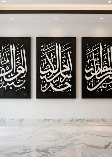 An interior shot of a contemporary Middle Eastern villa with white marble floors. On the far wall, a triptych of Khaled Tirikli's work is installed, featuring elegant, flowing scripts in black and white.