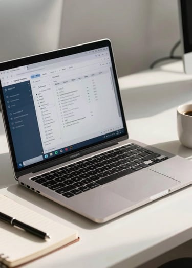 A professional Southeast Asian / Indonesian software developer workstation in a bright office. A high-end laptop shows a clean database interface. The desk is organized with a notebook and a coffee cup in Pale Mist White. Soft sunlight highlights the scene with Muted Steel Blue accents.