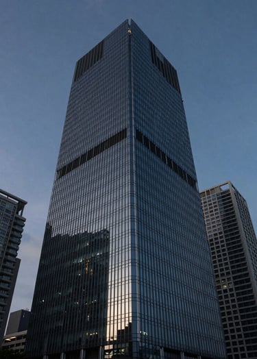 A wide-angle professional photograph of a modern glass skyscraper in a Southeast Asian / Indonesian business district during twilight, reflecting dark navy and slate blue sky tones.