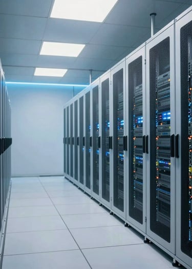 A wide shot of a modern Southeast Asian / Indonesian data center hallway. Cool white and Soft Sky Blue lighting illuminate the server racks, creating a sense of advanced technology and secure infrastructure.