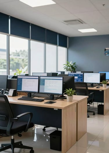 A professional wide shot of a modern Southeast Asian / Indonesian community office, featuring clean desks and digital displays showing data interfaces. The lighting is bright and natural, incorporating accents of dark navy and soft blue-grey in the interior decor.