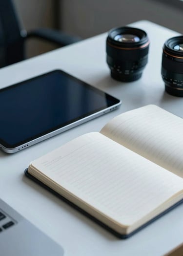 An organized workspace in a Southeast Asian / Indonesian office, featuring a tablet and notebook on a clean surface, emphasizing precision and expertise, with Dark Navy Blue and Soft Sky Blue highlights.