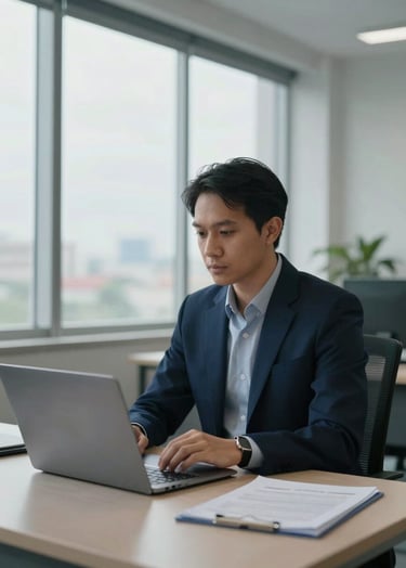 A professional Southeast Asian / Indonesian office environment with large windows, featuring a clean desk with a modern laptop, soft natural lighting, incorporating Dark Navy Blue and Pale Cloud Grey tones in the interior design.
