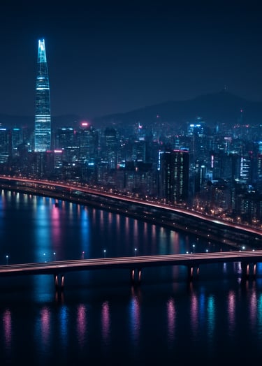 Cinematic wide-angle drone photography of Seoul at night, featuring the Han River and glowing skyscrapers, electric cyan and magenta neon lights reflecting on the water, East Asian / Korean urban.