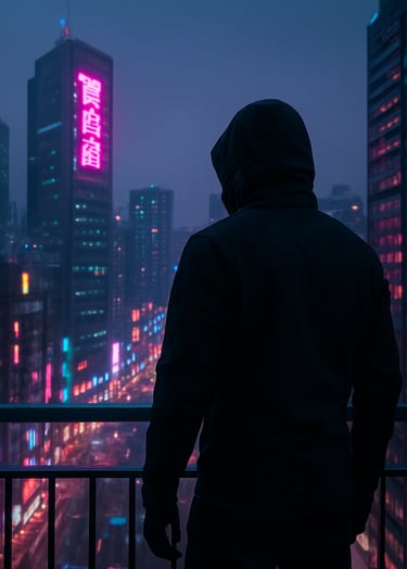 Vertical wide-angle shot from a high-rise balcony in an East Asian / Korean urban district. A person in dark tech-wear stands looking out at a sea of neon-lit skyscrapers. Cinematic lighting with magenta highlights and cyan shadows, sleek cyberpunk atmosphere.