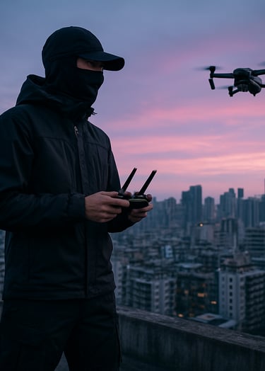 A cinematic low-angle shot of a drone pilot wearing sleek techwear, standing on a rooftop overlooking a dense East Asian urban skyline during the blue hour with magenta sunset hints.