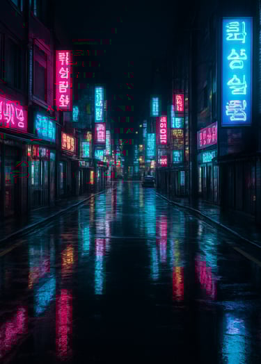 Wide-angle drone photography of a rain-slicked Seoul street at night, glowing neon signs in electric cyan and magenta reflected in puddles, cinematic composition, East Asian / Korean urban.