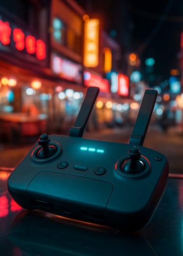 Cinematic photography of a high-tech drone controller with glowing cyan light indicators, sitting on a glass surface reflecting the neon lights of a Korean urban night market.