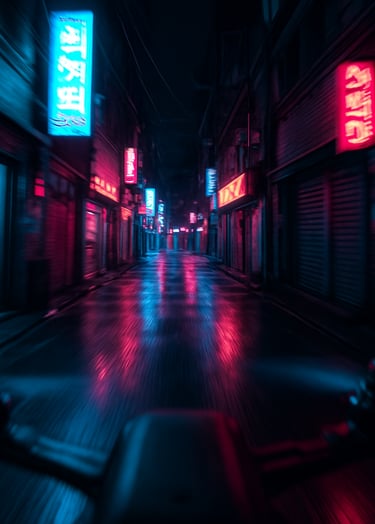 High-speed cinematic FPV drone shot flying through a narrow alley in a neon-lit East Asian / Korean urban neighborhood at night. The wet asphalt reflects vibrant cyan and magenta lights. Motion blur conveys rapid movement through the futuristic city.