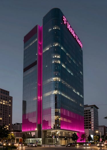 A wide, cinematic shot of a modern T-Mobile Flagship building at twilight. Sleek glass architecture, glowing magenta and deep teal #0E7C7B accents, sharp contrast with the #111111 night sky. Editorial style.