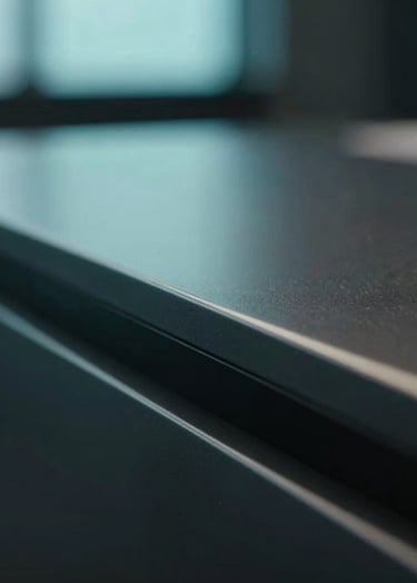 A close-up, high-detail macro shot of a sleek, dark metallic surface reflecting a faint teal light (#0E7C7B). The lighting is sharp and cinematic, suggesting a high-end technology or telecommunications environment, consistent with a Fortune 50 executive office. No people present.