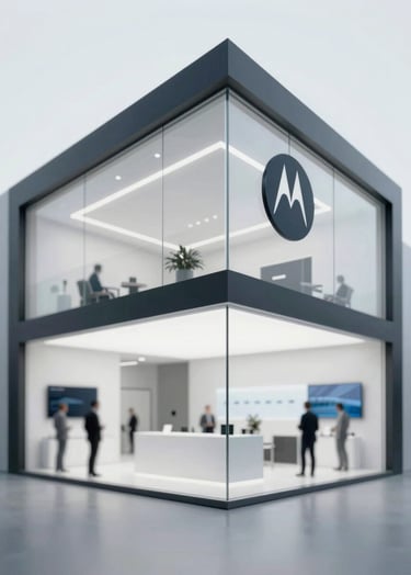 A sophisticated, architectural shot of the Motorola booth at the World Business Forum. The structure is minimal with sharp lines, utilizing glass and dark steel (#111111). The lighting is crisp and off-white (#F0EDE8), creating a high-end agency aesthetic.