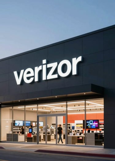 A large-scale, edge-to-edge photograph of a Verizon flagship storefront at twilight. The branding is bold and illuminated in white (#F0EDE8) against the deep charcoal (#111111) exterior. Professional photography.