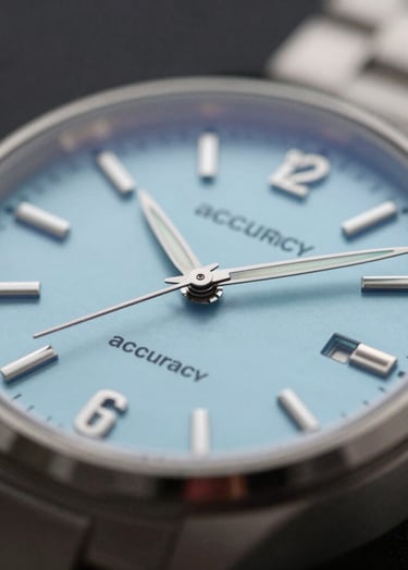 A close-up of a high-end watch or precision instrument on a dark textured background. The image represents 'accuracy' and 'leadership'. Colors are restricted to #111111 and #F0EDE8 with a hint of #0E7C7B on a small detail. Editorial photography style.