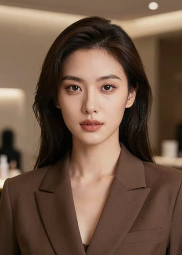 A sophisticated professional portrait of a woman in a high-end setting. Soft, cinematic lighting highlights her facial features. The color palette includes warm brown #4B2E2B tones in the background, conveying an artistic and modern beauty industry vibe.