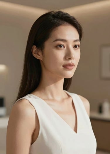 High-end lifestyle photography of a sophisticated woman in a minimalist aesthetic clinic, soft natural lighting hitting her face, warm tones of #4B2E2B in the background, elegant and professional atmosphere.