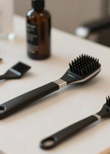 Detail shot of architectural beauty tools or premium salon equipment arranged artistically on a table, soft side lighting, professional and clean aesthetic.