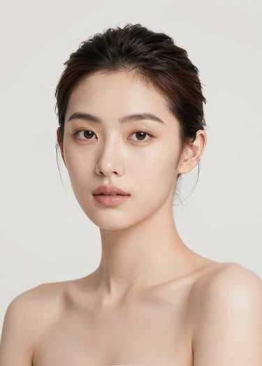 A high-end beauty portrait of a woman with clean skin and soft lighting, set against a neutral off-white #FDFBF7 background. The composition is minimalist and elegant, focusing on professional confidence and sophisticated aesthetic.