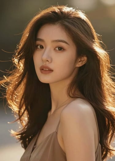 Portrait of a woman with elegant styling, soft movement in hair, golden hour lighting, warm #4B2E2B tones, creating an aspirational and sophisticated vibe.