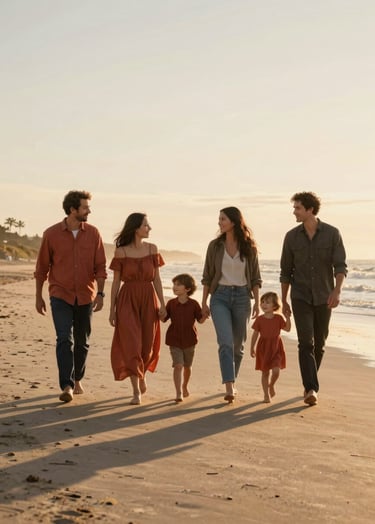 A cinematic wide shot of a family walking along a North American / US beach at sunset. The lighting is warm and sun-drenched, casting long shadows on the soft sand. The family members are interacting authentically, wearing clothes in terracotta and charcoal tones.