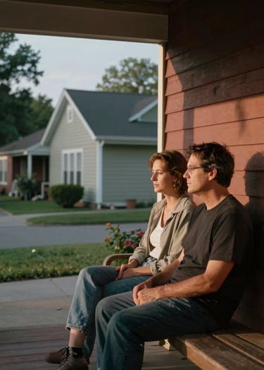 Candid shot of two people sharing a quiet moment on a porch in a North American / US neighborhood. Cinematic lighting with deep charcoal shadows and warm terracotta highlights.