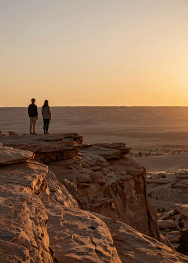 A cinematic wide shot of a couple standing on a sandstone cliff in a North American / US national park during the golden hour. The sky is a gradient of soft sand and warm orange. They are small in the frame, silhouetted against a vast, sun-drenched desert landscape, emphasizing a sense of adventure.