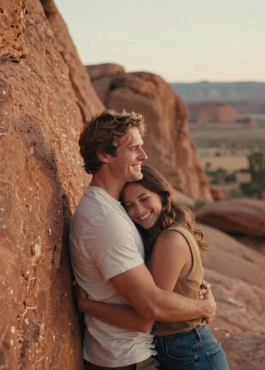 A cinematic vertical portrait of a couple embracing against a warm terracotta rock formation in a North American / US park. The lighting is rich and golden, highlighting the authentic connection and candid joy on their faces. The background is a soft, out-of-focus desert landscape.