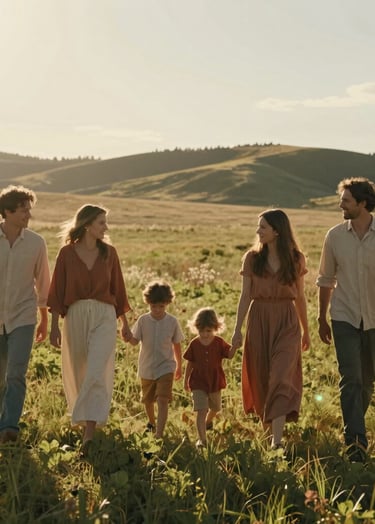 A cinematic shot of a family of five walking through a sun-drenched meadow in a North American / US rural landscape. The lighting is golden and warm with natural lens flares. Their clothing features soft sand and terracotta textiles. Candid, wide composition.