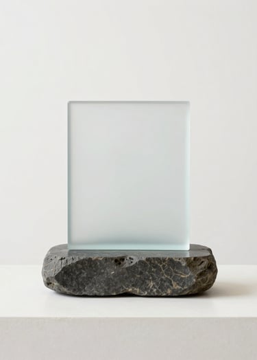 Photography of a medium-sized art object, a combination of frosted glass and heavy stone, resting on a minimal off-white plinth. The composition uses significant white space. The style is contemporary and serene, using a palette of white, off-white, and dark gray.