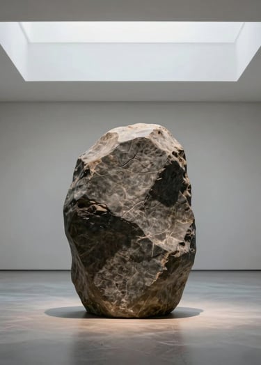 Fine art photography of a singular, dark stone sculpture in a vast, empty gallery space with light gray floors. The sculpture is centered, lit by a soft North American skylight from above, creating subtle shadows and highlighting the texture of the warm gray stone.