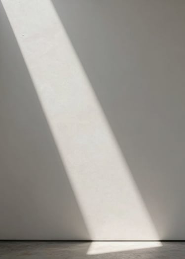 A vertical, high-end photography of a minimalist interior featuring a single beam of light crossing a textured white wall. The style is editorial and museum-like, focusing on the interplay of light and shadow. Palette of off-white and soft grays.