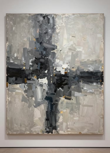 Full-width editorial photograph of a large-scale abstract painting on a canvas. The painting features broad, gestural strokes in shades of charcoal, stone gray, and off-white. The texture of the canvas is visible under professional museum lighting in a high-end North American gallery.