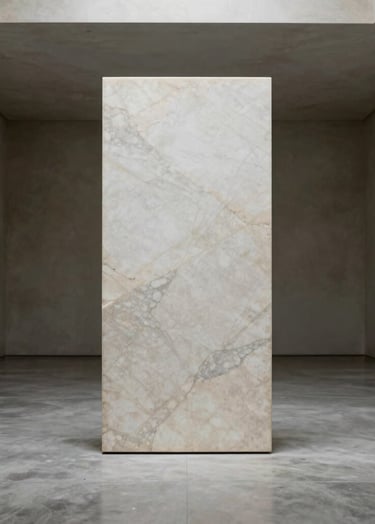 A full-screen architectural photograph of a single, large-scale minimalist sculpture made of off-white Carrara marble. The piece is situated in a cavernous, empty gallery space in Western Europe with polished concrete floors and soft, natural overhead lighting. The composition is centered and symmetrical, emphasizing the contrast between the sharp stone edges and the soft shadows.