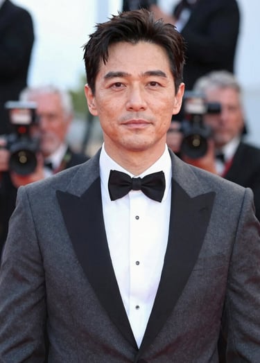 A refined cinematic still of an actor on a festival red carpet, blurred background of lights and cameras, emphasizing a professional and international career presence. Muted tones of #333333 and #A8A8A8.