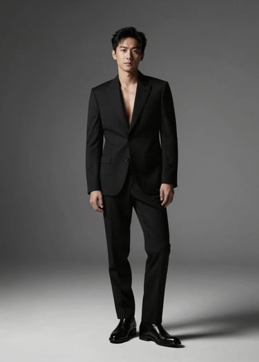 A wide, cinematic shot of a professional actor in a minimalist studio setting, deep shadows using #0F0F0F and sharp #F5F5F5 highlights. Elegant posture, high-fashion editorial style.