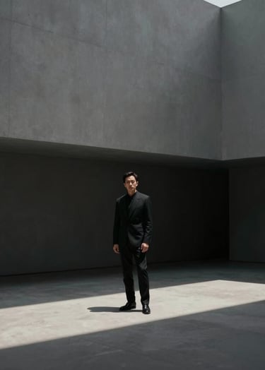 A cinematic, wide-angle shot of an actor standing in the shadows of a minimalist architectural structure. High contrast lighting with #0F0F0F shadows and #A8A8A8 highlights. The mood is sophisticated and mysterious.