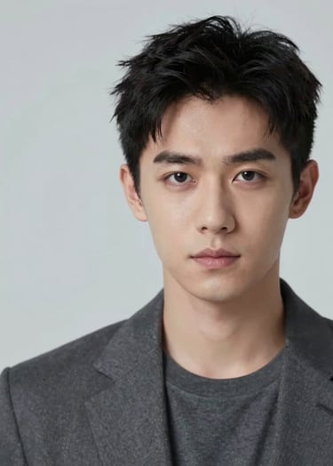 A high-fashion, cinematic actor headshot with a focus on dramatic eyes. Soft-focus background in #F5F5F5. The subject wears dark gray #333333. Composition is balanced with significant negative space for a premium feel.